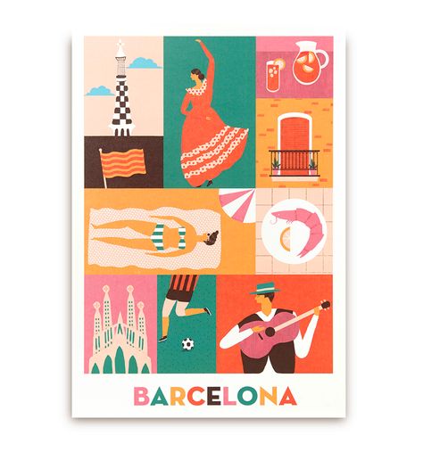 Image result for barcelona post card Post Card Design Aesthetic, Barcelona Postcard, Post Card Illustration, Naomi Wilkinson, Lagom Design, City Posters, City Posters Design, Spanish Posters, City Postcard