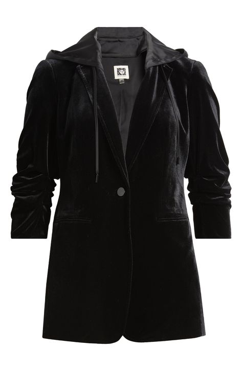 Gritty meets glam with a velvet jacket designed to look like its layered over a comfy hoodie. One-button closure Removable drawstring hood Notched lapels Three-quarter sleeves Front welt pockets Lined 92% polyester, 8% elastane with 97% polyester, 3% elastane contrast Dry clean Imported Black Velvet Jacket, Velvet Hoodie, Velvet Jacket, Comfy Hoodies, Jacket Design, Three Quarter Sleeves, Anne Klein, Welt Pockets, Black Velvet