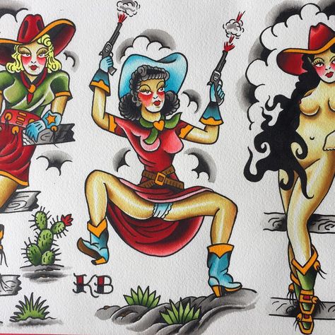 Cowgirl Tattoos Traditional, Traditional Cowgirl Tattoo, Cowgirl Tattoo, Outlaw Tattoo, Circus Tattoo, Like Tattoos, Cowgirl Tattoos, Traditional Tattoo Designs, Vintage Matchbooks