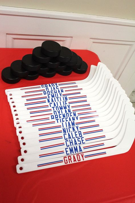 Hat Trick Birthday, Hockey Themed Party Favors, Ice Hockey Themed Party, Hat Trick Hockey Birthday, Girls Hockey Birthday Party, Hockey Holiday Party, Hockey Team Party Ideas, Hockey Birthday Party Games, Hockey Loot Bag Ideas