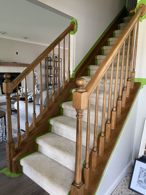 Painting Wooden Stairs, Staircase Update, Painted Wood Stairs, Staircase Banister Ideas, Painted Banister, Modern Farmhouse Staircase, Painted Stair Railings, Wooden Staircase Railing, Oak Banister