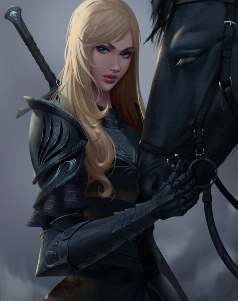 Blonde Knight, Art Of Women, Female Character Art, Female Knight, Knight Art, Dungeons And Dragons Characters, Fantasy Book, Fantasy Warrior, Black Horse