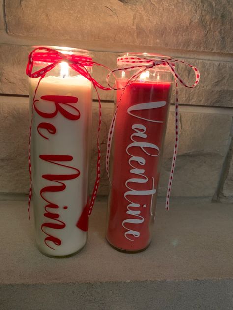 Valentine’s Day Candles Diy, Valentine Decorations Diy, Neutral Valentines Decor, Valentines Candles, Cricut Valentines Projects, Small Valentines Gifts, Rustic Valentine Decor, Dollar Tree Candles, Cricut Valentines