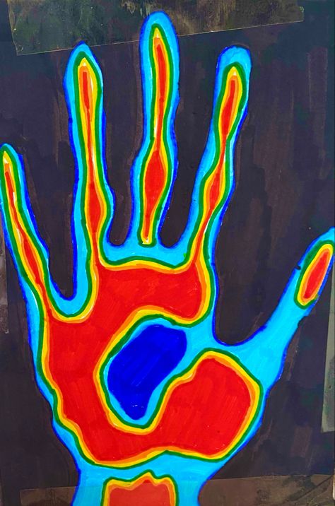 Heat Hand Print, Heat Drawing Ideas, Heat Thermal Drawing, Thermal Drawing Ideas, Infrared Drawing, Heatmap Art, Heat Map Art, Thermal Hand Painting, Thermal Painting Ideas