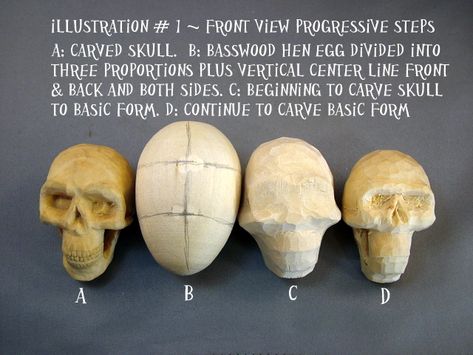 Carving a skull in basswood hen egg ~ www.woodbeecarver.com Carving Skulls In Wood, How To Carve A Skull Out Of Wood, Skull Carving Pattern, Wood Carving Faces, Wood Carving For Beginners, Bone Crafts, Dremel Wood Carving, Bear Carving, Wood Carving Designs