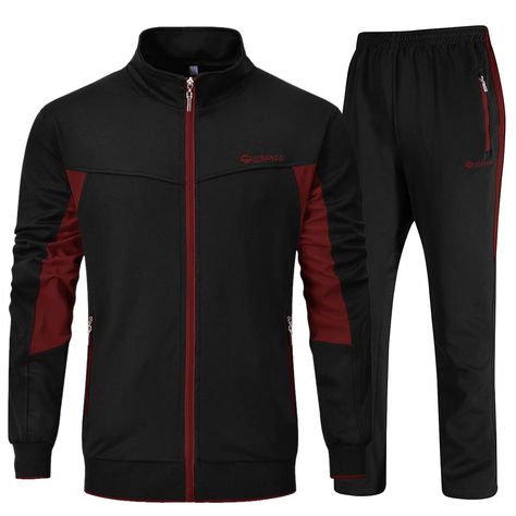 PRICES MAY VARY. 95% Polyester, 5% Spandex Machine wash. Season: Spring,Autumn,Winter Zipper closure Hand Wash Only YSENTO Mens Jogging Suits Sets/Tracksuits for Men/Sweatsuits for Men/Mens 2 piece sweat suits/Men workout & training suits Features: stand collar jacket,full zip jacket,stretchy jacket hem,long sleeve jacket Zipper Pockets---Two side hand zipper pockets on jacket and pants for keeping Phones,Keys,Money from falling out when running Elastic Waist---Matching pants have elastic ribbed Men Tracksuit Outfit, Tracksuits Outfits, Mens Sweat Suits, Mens Jogging Suits, Tracksuits For Men, Jogging Suits, Black Tracksuit, Sweat Suits, Track Suits