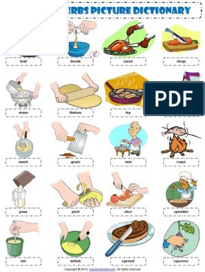 Nutrition Worksheets, Cooking Verbs, Verbs Esl, Verb Worksheets, Learning English For Kids, Picture Dictionary, English Vocab, Kids English, English Lessons For Kids