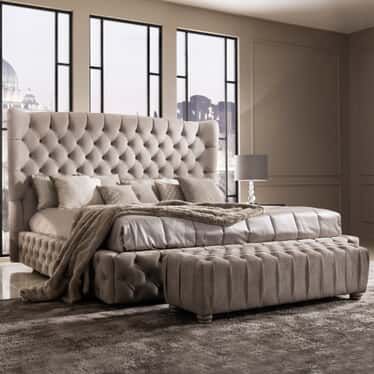 Chesterfield Headboard, Curved Bed Frame, Fabric Finishes, Sleigh Bed Frame, Designer Bedrooms, Stairs And Doors, Winged Bed, Curved Bed, Bespoke Beds