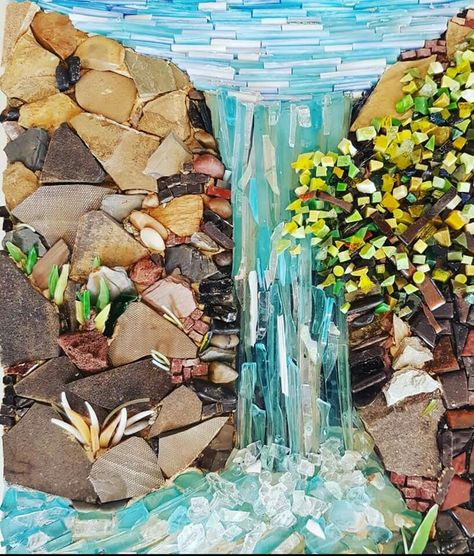 Mosaic Waterfall, Waterfall Mosaic, Mountain Mosaic, Mosaic Techniques, Mosaic Water, Landscape Mosaic, Mosaics Art, Mosaic Mural, Mosaic Art Diy