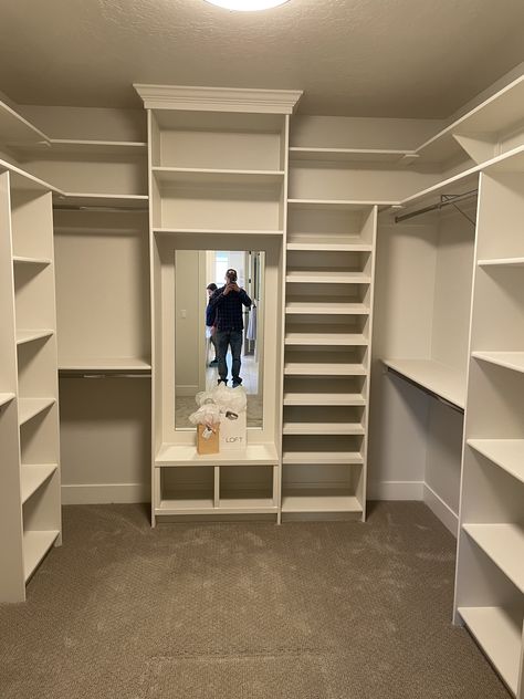 Practical Walk In Closet Ideas, 9x9 Closet Design, Designing A Small Walk In Closet, Master Closet Walk In Layout, Master Closet Design With Full Length Mirror, Open Shelving In Closet, Dit Walk In Closet, Closet Back Wall Ideas, French Country Walk In Closet