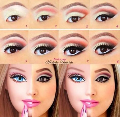 Step by step tutorial Barbie eye makeup Carnaval Make-up, Karneval Diy, Fantasy Make-up, Barbie Halloween Costume, Drag Make-up, Barbie Halloween, Barbie Makeup, Amazing Halloween Makeup, Barbie Costume