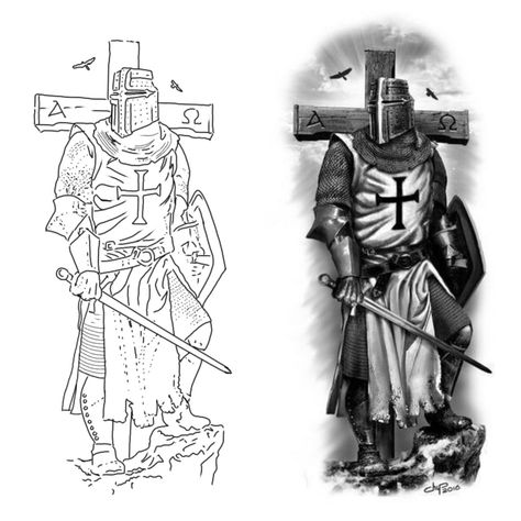 Crusader Tattoos For Men, English Knight Tattoo, Colorable Drawings, Crusader Knight Tattoo, Knight Tattoo Ideas, Knight Tattoo Design, Templar Tattoo, Templar Knight Tattoo, Dreamer Tattoo