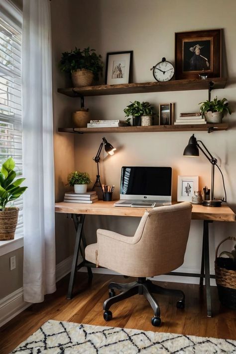 The Best Way to Create a Cozy Home Office in Small Spaces Small Office With Futon, Natural Office Decor, Cozy Small Office, Small Office Space In Bedroom, Office With Sofa, Small Office Space At Work, Small Home Office Design Ideas, Small Home Office Design, Small Desk Area