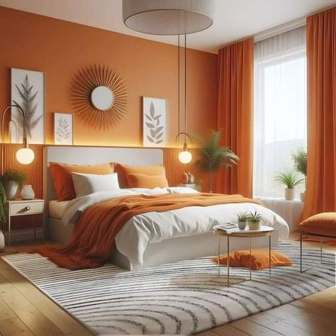 Desert Sunset Bedroom, Premium Bedroom Interior, Orange Bedroom Accent Wall, Orange Room Aesthetic Decor, Orange Bedroom Walls Paint Colors, Light Color Bedroom Walls, Burnt Orange Bedroom Decor Ideas, Fire Themed Bedroom, Orange Master Bedrooms Decor