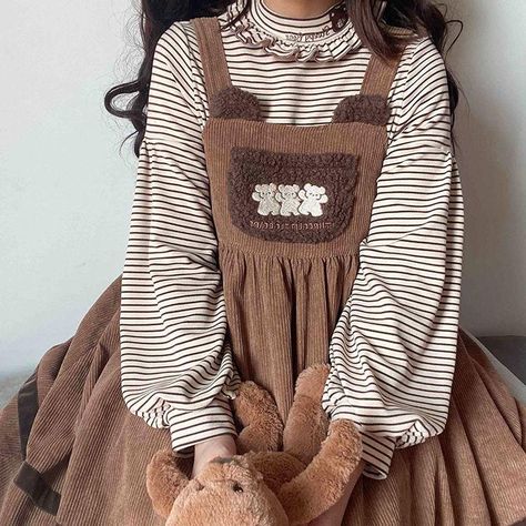 Beige Aesthetics, Vintage Kawaii, Kawaii Bear, Kawaii Dress, Embroidered Collars, Mode Chic, Bear Shirt, Girls Stripes, Corduroy Dress