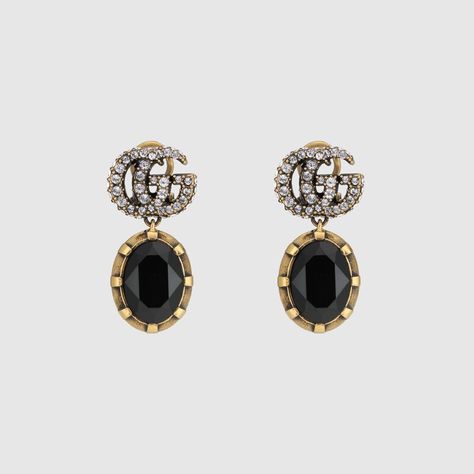 Black Crystal Earrings, Fall Rings, Gucci Jewelry, Golden Earrings, Black Earrings, The Double, Jewelry Inspo, Color Oro, Black Crystals