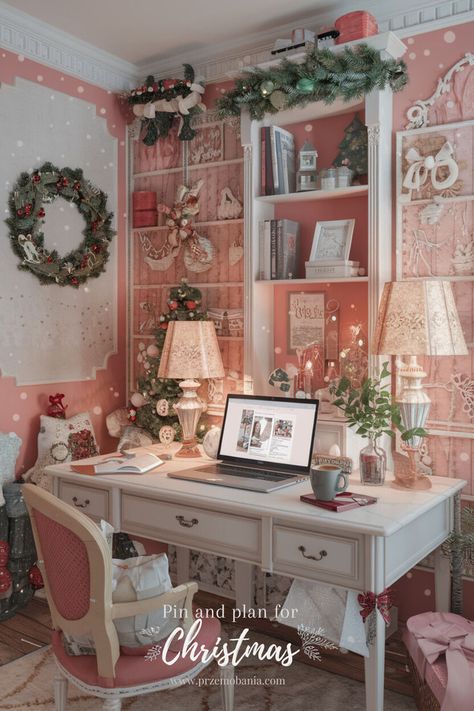 Bring romantic winter vibes to your small home office with warm, cozy decor. 🌿❄️ Use a soft shabby chic color palette with blush pinks and warm whites. 🌸🕰️ Place a vintage pink office chair and add touches like lace curtains and a mini tree for seasonal cheer. 🎄✨ A small candle and floral decor create warmth without overcrowding. 🕯️ It’s perfect for creating a snug, charming workspace in a compact area. #romanticshabbychic #smallofficespace #shabbychicliving #vintageoffice #shabbychicoffice Shabby Chic Color Palette, Office Hobby Room, Shabby Chic Office Decor, Chic Decor Diy, Pink Office Chair, Warm Whites, Muebles Shabby Chic, Shabby Chic Colors, Shabby Chic Office