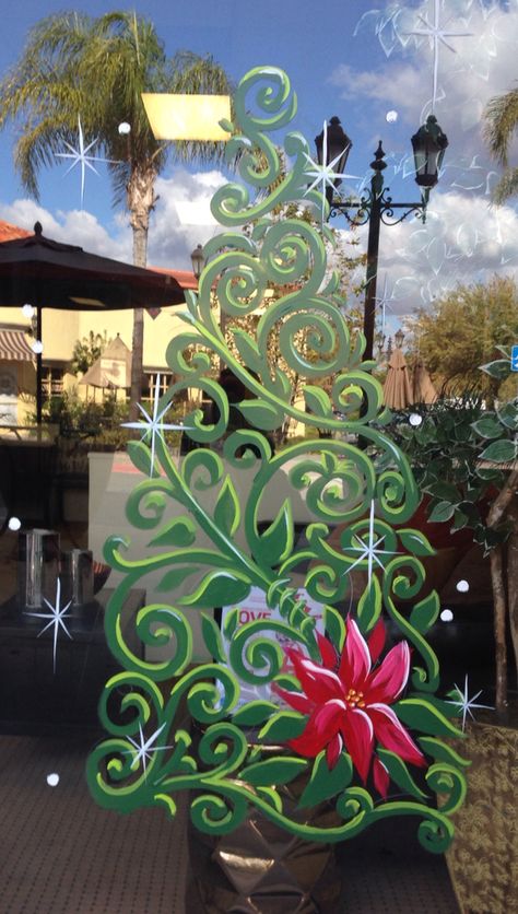 Poinsettia Window Painting, Window Paintings Art, Window Painting Ideas For Christmas, Christmas Business Window Painting, Christmas Themed Window Painting, Window Holiday Painting, Holiday Window Chalk Art, Festive Window Painting, Painted Holiday Windows