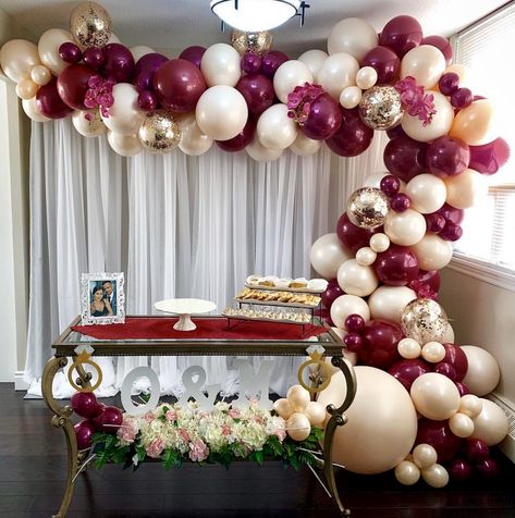 The perfect shades of burgundy and peach for this engagement party💖@balloonsbydina . . #balloons #balloongarland #balloonarch #engagement #babyshower #bridalshower #birthday #decor #partyideas #decor #dessertstation #love #celebration Burgundy Balloons, Balloons And Flowers, Papa Birthday, Blush Balloons, Girls Party Decorations, Balloon Chain, Gold Confetti Balloons, White Balloons, Arch Kit