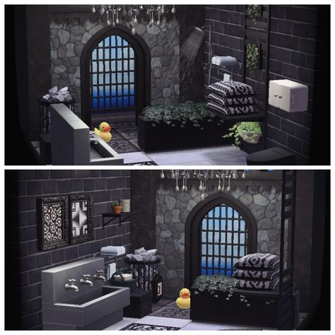 Gothic Mansion Interior, Acnh Bathroom Ideas, All Black Bathroom, Acnh Interior, Dnd Locations, Acnh House, Gothic Bathroom, Ac Ideas, Gothic Mansion