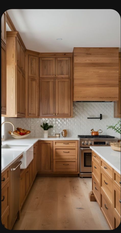 Wood On Wood Cabinets, Amber Interiors Cabinet Color, Oak Cabinets With White Countertops Bathroom, Kitchen Teak Cabinets, White Backsplash With Stained Cabinets, Wood Floor Color With Honey Oak Cabinets, Type Of Wood Cabinets, How To Paint Wood Kitchen Cabinets, Flooring With Birch Cabinets