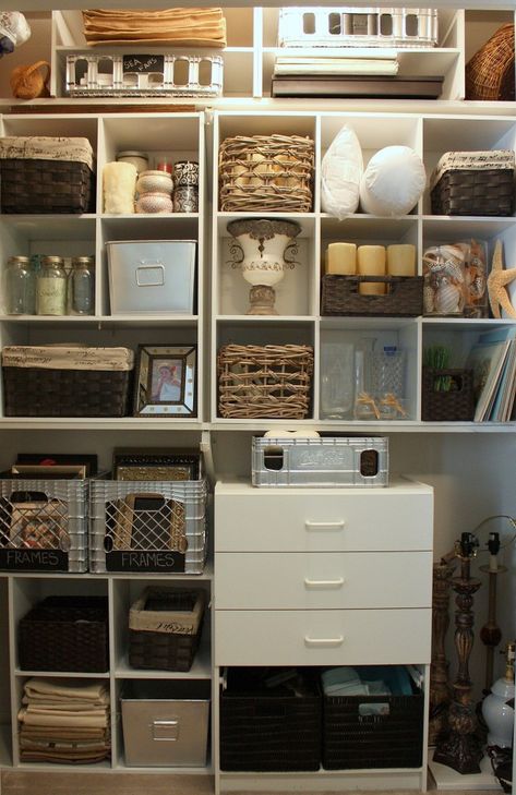 Tutorial for creating tons of extra storage in your junk or craft closet with inexpensive cube storage units. Closet Office Organization, Junk Organization, Closet Organization Cheap, Closet Revamp, Cheap Closet, Laundry Room Storage Shelves, Home Office Closet, Organized Closet, Cube Storage Unit