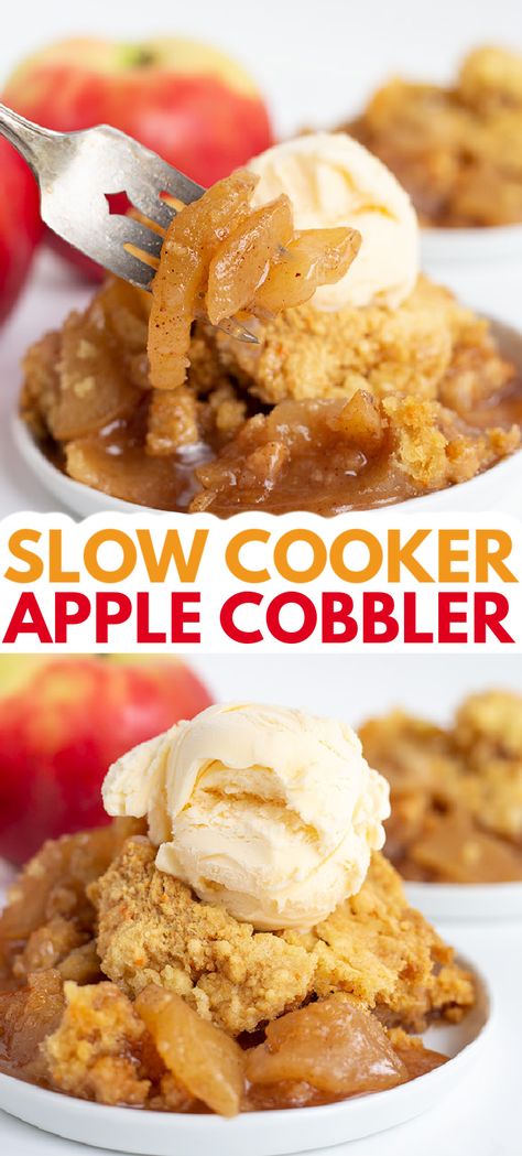 Slow Cooker Apple Cobbler - This Easy Crockpot Apple Cobbler with Cake Mix is out of this world. It's made with fresh apples that are tender and coated with cinnamon and brown sugar. The cobbler topping is a yellow cake mix that has butter drizzled on top of it. This is an apple cobbler recipe that you must-try this fall! #cookiedoughandovenmitt #crockpotdesserts #dessertrecipes #apples #desserts Cinnamon Apple Cobbler, Crockpot Apple Cobbler, Slow Cooker Peach Cobbler, Apples Desserts, Crockpot Cobbler, Slow Cooker Apple Cobbler, Apple Cobbler Easy, Crockpot Apple Crisp, Crockpot Apple