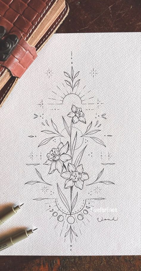 Daffodil Tattoo, Inspiration Tattoos, Floral Tattoo Sleeve, Spine Tattoos For Women, Line Art Tattoos, Discreet Tattoos, Dainty Tattoos, Spine Tattoos, Elegant Tattoos