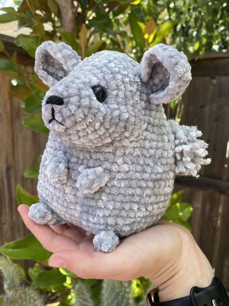 This crochet chinchilla is sweet, fluffy, and a good project for late beginner to intermediate crocheters! An amigurumi chinchilla is a perfect gift for a child, a great personalizable gift for chinchilla owners, or a fun little crochet project. Crochet your own chinchilla with free step by step instructions, lots of photos, and tips. You could also use this to make a crochet degu! They look similar to a chinchilla. If you want a pdf pattern, it's also for purchase on etsy. Crochet Gerbil Pattern, Velvet Yarn Crochet Patterns Amigurumi Free, Chinchilla Crochet Pattern Free, Mouse Free Crochet Pattern, Chinchilla Crochet Pattern, Chenille Yarn Crochet Patterns Free, Mouse Crochet Pattern Free, Crochet Chinchilla, Chenille Crochet