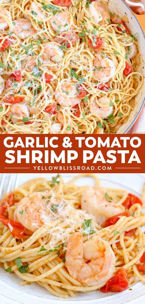 Garlic Shrimp & Tomato Spaghetti is an easy to whip up shrimp pasta dinner and a delicious weeknight meal that takes just minutes to prepare. It's sure to be a new favorite! Tomato Shrimp Pasta, Shrimp Linguini, Shrimp Tomato, Dinner Shrimp, Tomato Spaghetti, Seafood Linguine, Shrimp Dishes, Shrimp Pasta, Garlic Shrimp