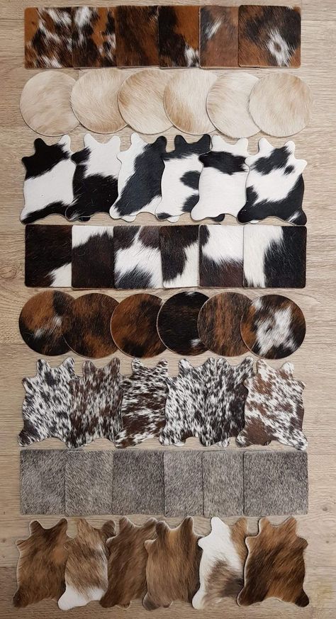 Leather Swatches Ideas, Cowhide Scrap Crafts, Cowhide Diy, Old West Decor, Leather Swatches, Cowhide Decor, Milk Cafe, Leather Working Projects, African Traditional Wedding Dress