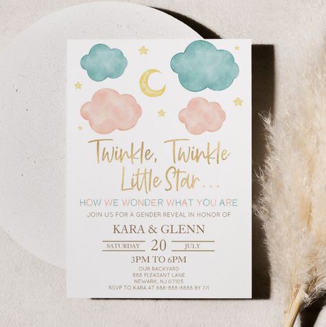 Twinkle Little Star Baby Gender Reveal, Gender Reveal Twinkle Twinkle Theme, Twinkle Twinkle Gender Reveal, Birthday Invitation Background, Gender Reveal Decor, Gender Reveal Baby Shower Themes, Baby Shower Theme Decorations, Baby Reveal Party, Gender Party