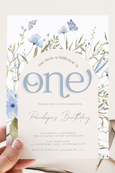 pastel blue watercolor florals birthday invitation, boho arches, our little wildflower, first birthday invitation, editable template, watercolor blue butterflies, garden party, dainty florals Wildflower Birthday Party, Winter Hibernation, Wildflower Birthday, Happy News, Flowers Blooming, Winter Birthday, Flower Party, Flower Invitation, Birthday Invitation Template