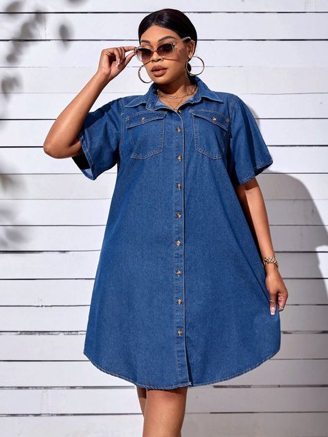 Medium Wash Casual Collar Short Sleeve Denim Plain Shirt Embellished Non-Stretch  Women Plus Clothing Short Sleeve Denim, Moda Denim, Long Denim Skirt, Estilo Denim, Plus Size Denim, Mode Jeans, Plain Shirt, Plus Size Fashion For Women, Plain Shirts