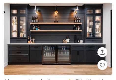 Built Ins With Wine Fridge, Built In Basement Bar, Built In Bar With Tv, Built-in Wet Bar Design Ideas, Black Basement Bar, Downstairs Bar Ideas, Dry Bar Wall Ideas, Black Wet Bar, Built In Bar Nook