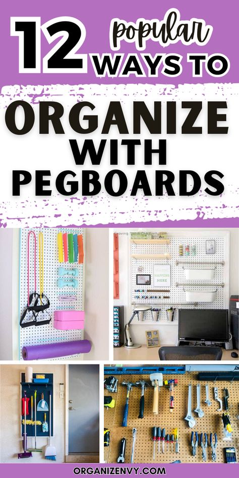 A collage of pegboard organizing ideas for the office, garage, tools and home gym. Pegboard Organization Laundry Room, Craft Pegboard, Pegboard Organization Ideas, Peg Board Ideas, Small Office Organization, Tool Pegboard, Pegboard Craft Room, Pegboard Ideas, Organization Garage