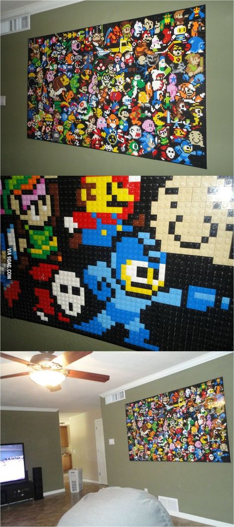 Lego Wall Gamer Room Diy, Lego Wall Art, Lego Hacks, Geek Cave, Geek House, Lego Mosaic, Lego Wall, Lego Photo, Lego Pictures