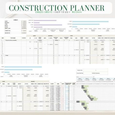 Ultimate Project Management Planner, Construction Budget Spreadsheet, Home Renovation Planner - Etsy Ireland Construction Materials List, Construction Budget Spreadsheet, Home Renovation Planner, Project Planner Template, Organization Business, Renovation Planner, Gantt Chart Templates, Ms Project, Monthly Budget Spreadsheet