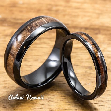 Black Wedding Ring Set Black Ceramic Ring with by AolaniHawaii Black Wedding Ring Set, Black Wedding Ring Sets, Hawaiian Wedding Rings, Black Wedding Ring, Rose Gold Engagement Ring Set, Koa Wood Ring, Tattoo Wedding Rings, Wood Wedding Ring, Gold Leaf Rings