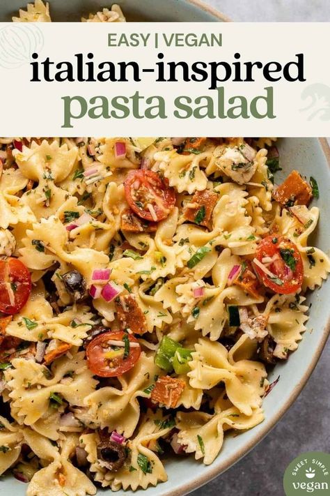 This Italian-inspired pasta salad is packed with fresh flavors and is perfect for all warm weather gatherings. It's easy to make and will be ready to serve in 30 minutes or less. It's fully customizable, and you can add or subtract ingredients based on what you have in your fridge or pantry. #italianinspired #pastasalad #summersalad #italiandressing #vegandressing #vegansalad #veganpasta #bowtiepasta #kidfriendly #summer #sweetsimplevegan #vegan Simple Italian Dressing, Vegetarian Pasta Salad, Vegan Pepperoni, Vegan Pasta Salad, Vegan Italian, Pasta Salad Italian, Summer Pasta Salad, Vegetarian Pasta, Yummy Salad Recipes