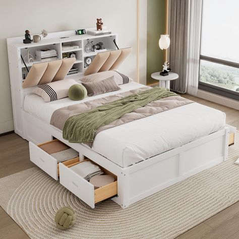 PRICES MAY VARY. 【Platform Bed with Upholstery Headboard】- The two 21'' x 14.7'' upholstered headboard provides a more comfortable and safe sleep. A wooden platform bed with storage is simple and natural and will leave a lasting impression on your room. Overall Product Dimension: 87''L x 56.4''W x 39.4''H. Mattress dimension: 75 x 54inches (L x W), Mattress not included. 【Full Size Bed with Multiple Storage Spaces】- The headboard features built-in storage shelves. In addition, there are 4 drawer Bed With Storage Headboard, Upholstered Headboards, Bookcase Bed, Wood Platform Bed Frame, Full Size Platform Bed, Storage Headboard, Wooden Platform Bed, Full Size Bed Frame, Bookcase Headboard