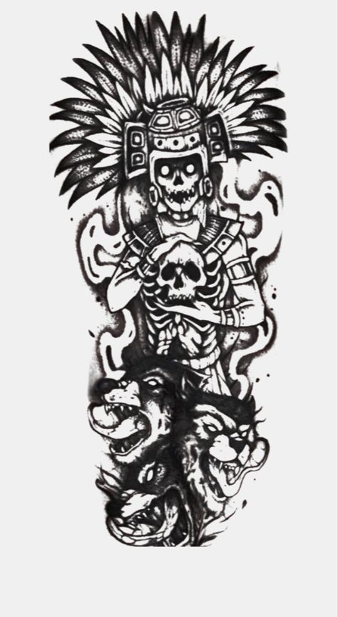 Calf Tattoo Ideas, Azteca Tattoo, Mayan Tattoos, Aztec Tattoos, Native American Tattoo, Aztec Tattoo Designs, Skull Sleeve Tattoos, Chicano Art Tattoos, Aztec Tattoo