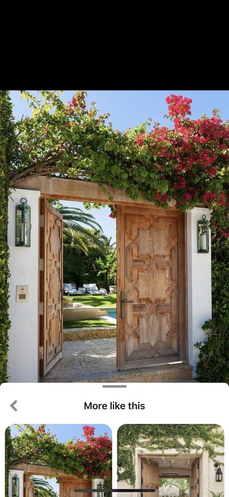 Beach House Gate Entrance, Mediterranean Gate Entrance, Spanish Driveway, Spanish Gate, Ranch Vibes, Backyard Gate, Exterior Gate, Mexican Courtyard, House Front Gate