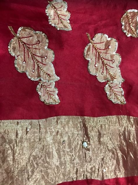 Beautiful vintage French Rose Sari with green and gold floral embroidery. FABRIC: Raw Silk MAIN COLOR: French Rose DIMENSIONS:  Aprox 5 Yards (180 Inches) 44 Inches Wide EMBROIDERY: Beautiful Leaf  all over Sari EMBROIDERY COLOR:  Green and Gold HEMMING: Done CONDITION: Used WEIGHT: ~400 Gms   FREE  surprise earrings with this sari. You can re-purpose Sarees for various creative dresses, accessories and decors -- Stitch   Jazzy Palazzo Pants Beautiful Brocade Skirts Accessories like Bags Pillow Covers     Curtains etc Brocade Skirts, Sari Embroidery, Creative Dresses, Leaves Embroidery, Fancy Embroidery, Brocade Skirt, Maggam Works, Suit Collection, French Rose