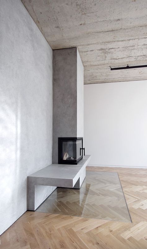 Prague Apartment, Minimalist Fireplace, Boho Apartment, Concrete Effect Paint, Interior Design Minimalist, Minimalist Apartment, Living Room Decor Fireplace, Contemporary Fireplace, Apartment Layout