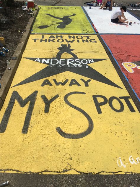 Hamilton Parking Spot, Boys Painted Parking Spots, Up Senior Parking Spot, Student Parking Lot Painting, Parking Spot Painting Junior, Highschool Parking Spot Ideas, Senior Parking Space Ideas, Chalking Senior Parking Spots, Painted Parking Spaces Ideas