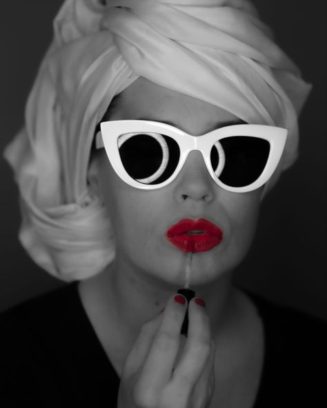 Black And White Picture With Color Pop, Black And White Photos With Pop Of Color, Black And White With Pop Of Color, Red Black White Aesthetic, High Fashion Shoots, White Fashion Photography, Red Lip Color, Stockholm Syndrome, Beauty Photoshoot