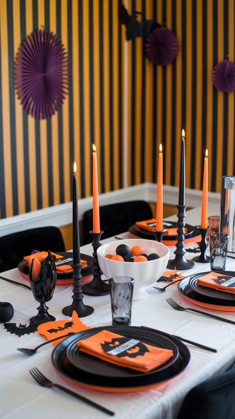 Set the perfect table for your Halloween dinner with these creative table settings. From eerie candlelight to pumpkin centerpieces, make your gathering extra special with a mix of spooky and cozy. Don't forget the Halloween-themed plates, napkins, and utensils for a complete look. #HalloweenTable #FallTablescape #SpookyDinner Creative Table Settings, Spooky Dinner, Halloween Table Settings, Creative Table, Halloween Decor Ideas, Creative Tables, Halloween Dinner, Pumpkin Centerpieces, Fall Tablescapes