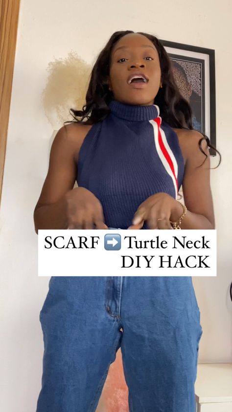 DIY hack: how to transform scarf to turtle neck top #scarfhack #fashionblogger #DIYhack #fashion #denim Necklaces For Turtlenecks, Diy Turtleneck, How To Add A Turtleneck To A Shirt, Versatile Stretch Turtleneck With Funnel Neck, Turtle Neck Hack, Diy Scarf, Hacks Diy, Turtle Neck Top, Turtle Neck