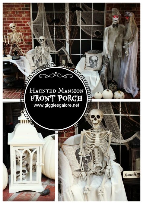 halloween-haunted-mansion-front-porch_giggles-galore Fall Porch Steps, Halloween Haunted Mansion, Haunted Mansion Decor, Porch Halloween, Haunted Mansion Halloween, Halloween Mantle, Diy Luggage, Haunted Hotel, Halloween Porch Decorations